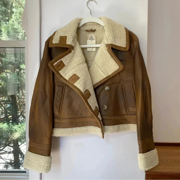 NWT Free People Fox Trot Moto Leather Jacket Sherpa Fleece Brown We The Free - Picture 1 of 17